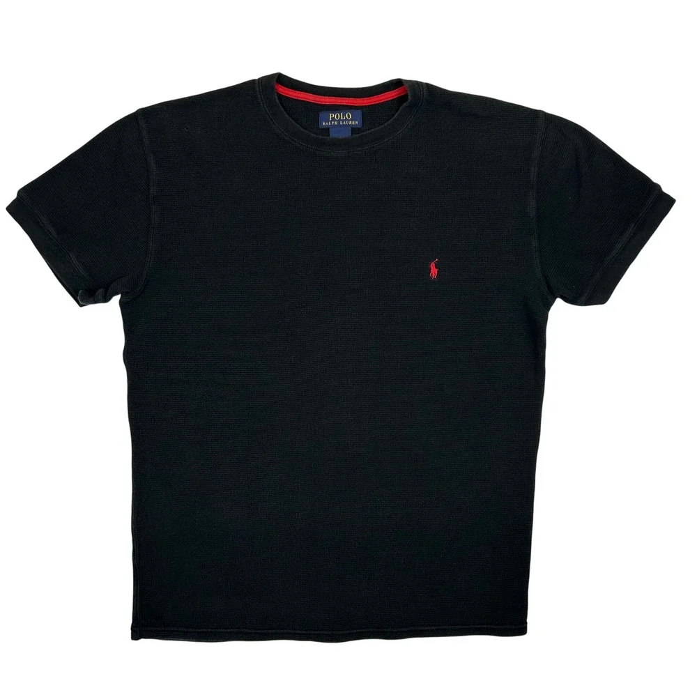Polo Ralph Lauren Mens Large Black Waffle Knit Thermal Short Sleeve T-Shirt Pony